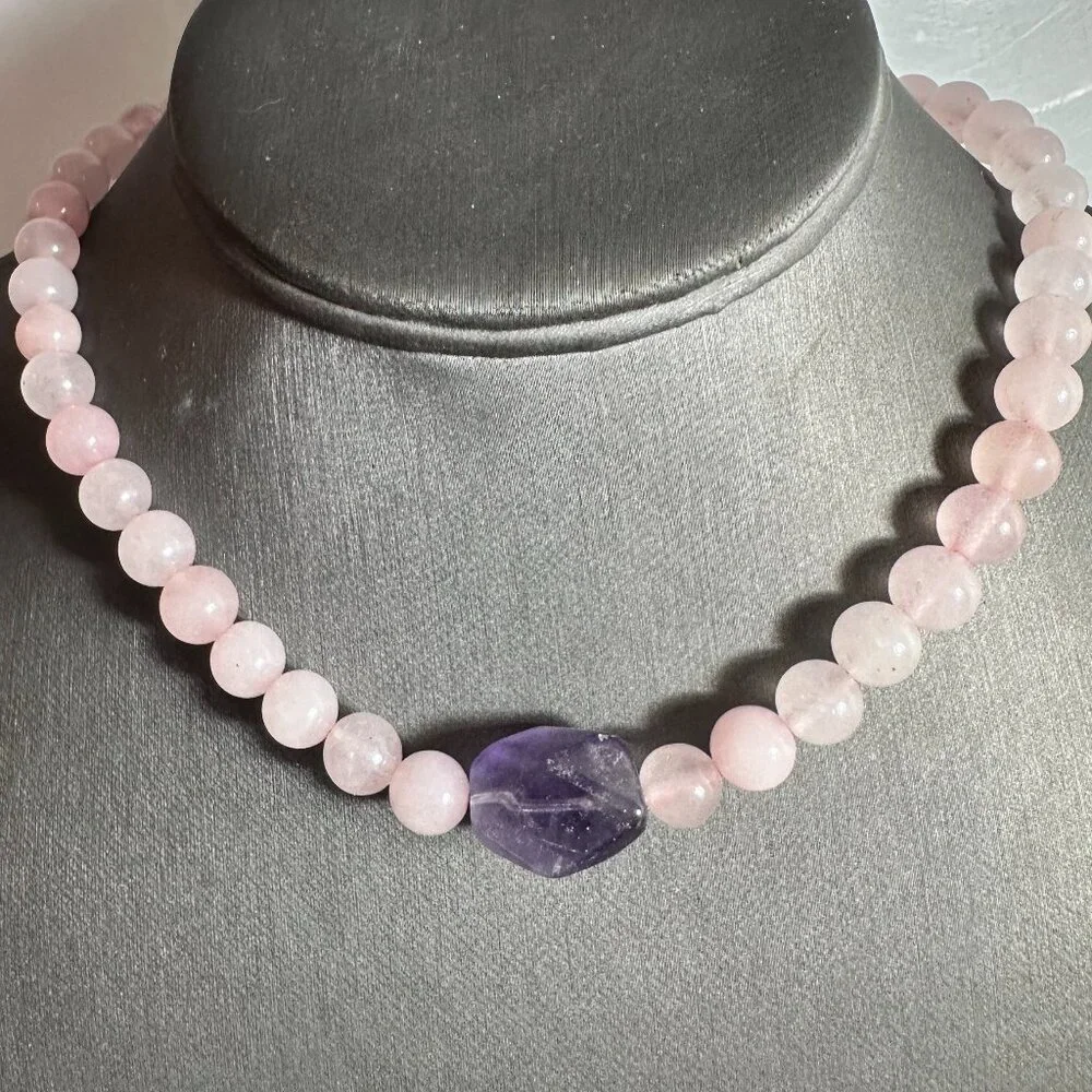Genuine Amethyst Rose Quartz Necklace Choker Gift Natural Bohemian Hippie Purple - Picture 2 of 11